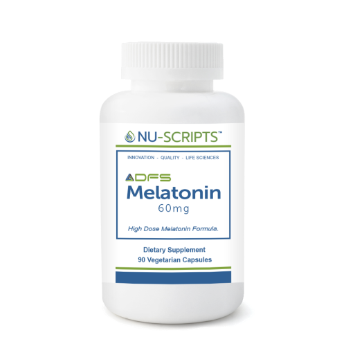 Bottle of Melatonin 60mg (NU-Scripts) with 60 capsules, designed to support restful sleep and regulate circadian rhythms.