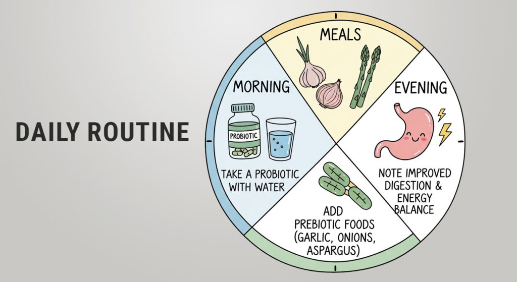 Daily routine graphic showing how to integrate Multi-Strain Probiotic 20B with diet and lifestyle.