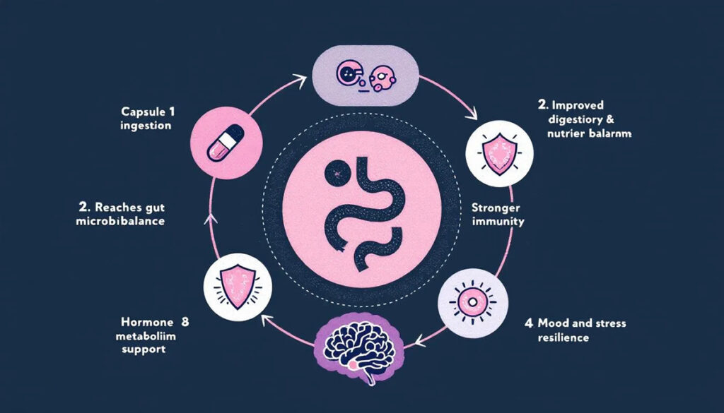 Flowchart of Multi-Strain Probiotic 20B showing its path from capsule to gut and resulting health benefits.