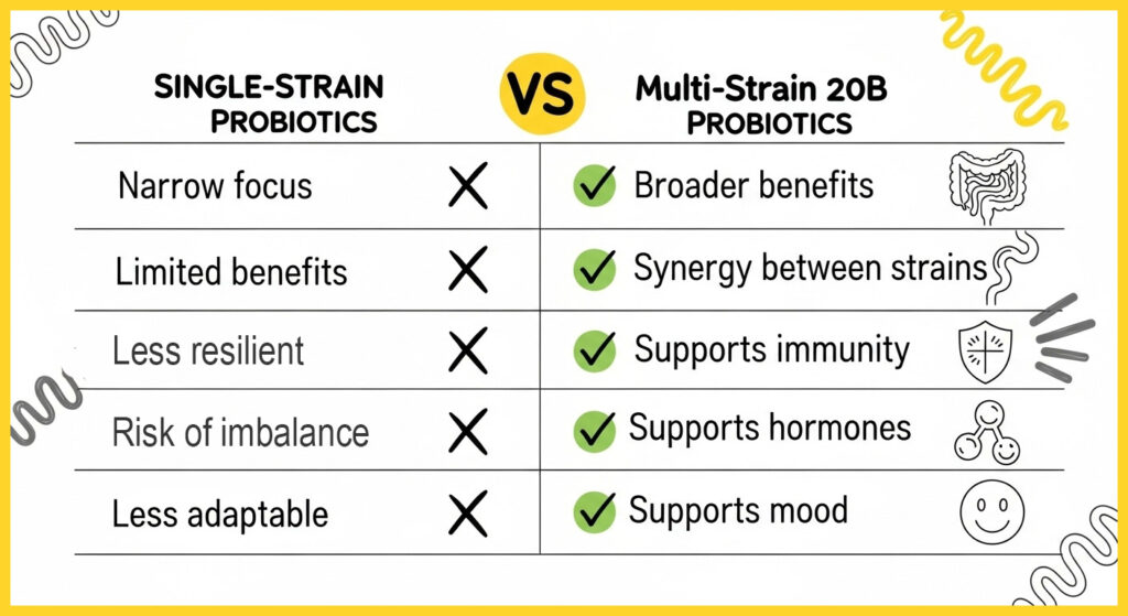 Comparison table highlighting advantages of multi-strain probiotics over single-strain probiotics.