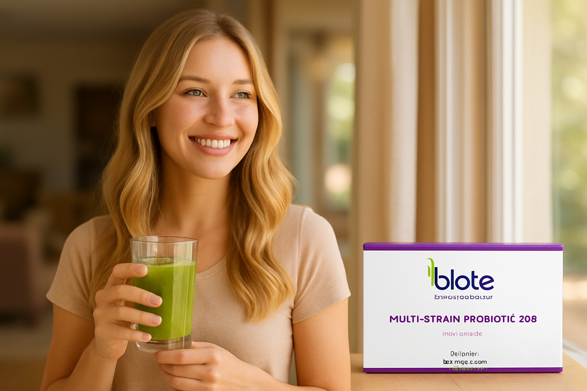 Smiling woman holding a glass of green smoothie next to a box of Blote Multi-Strain Probiotic 208 supplement.