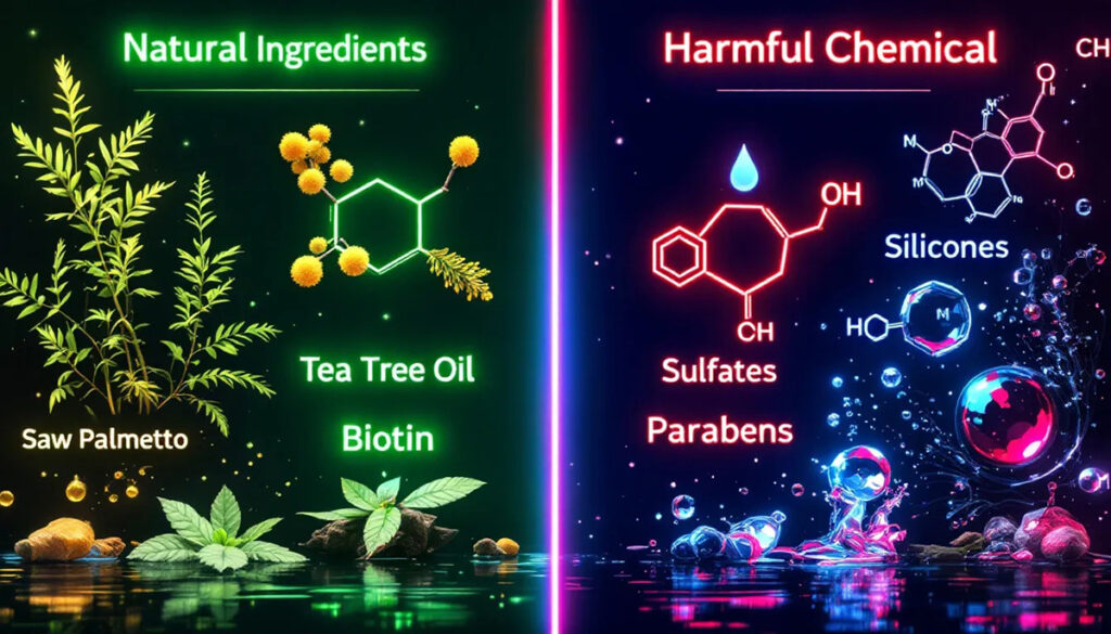 Natural hair growth shampoo ingredients vs harmful chemical shampoo components comparison