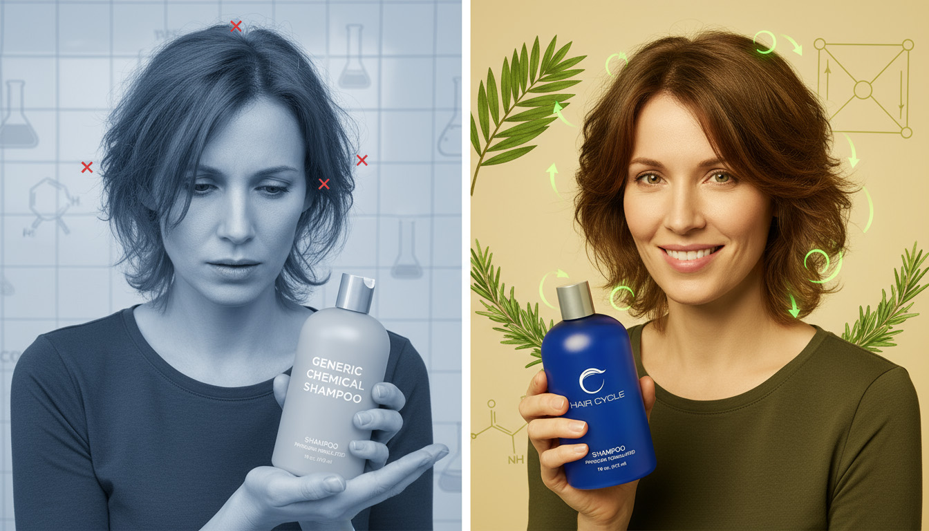 Before and after comparison showing dramatic hair transformation with natural hair growth shampoo versus chemical alternatives