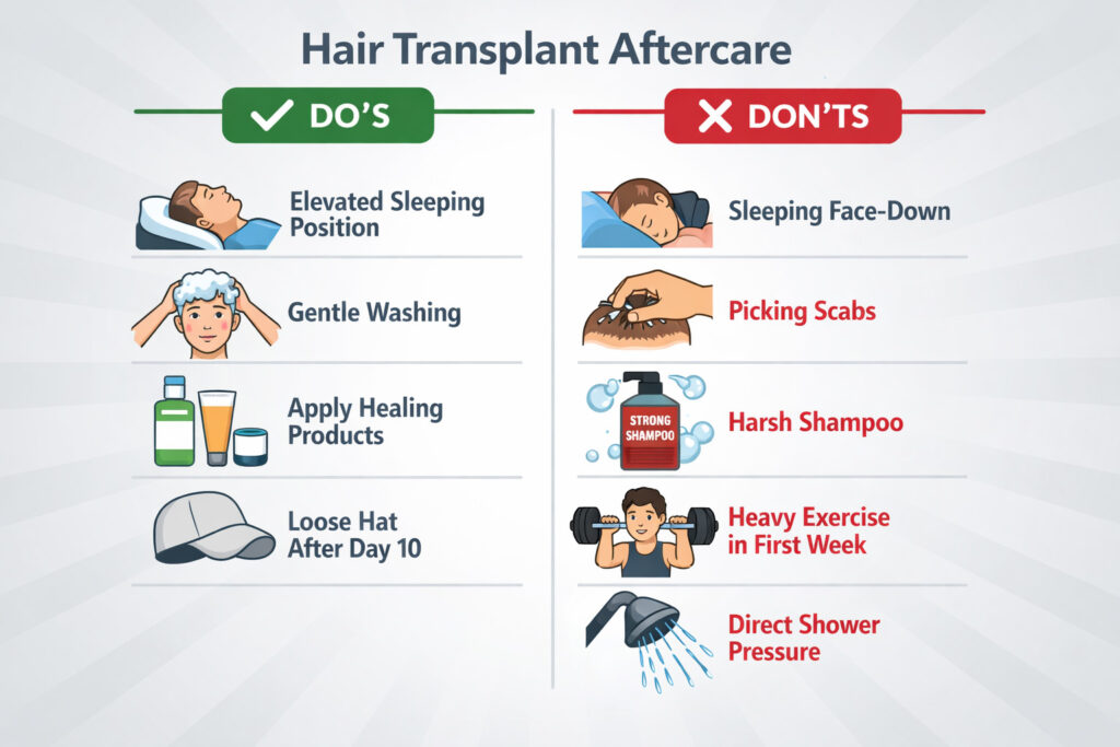 Hair Transplant Aftercare: The Complete Guide To Faster Healing And Better Results 4 visual comparison of correct and incorrect hair transplant aftercare practices