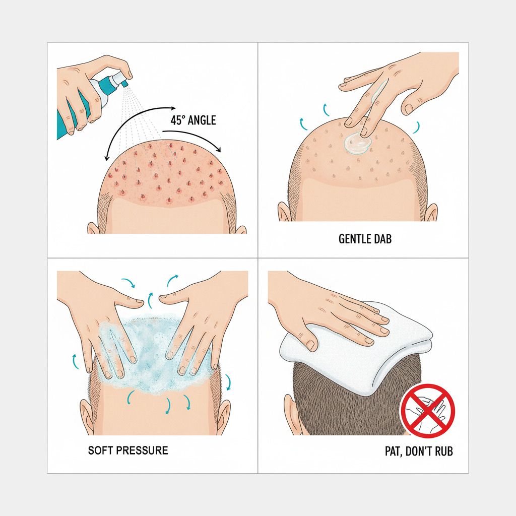Hair Transplant Aftercare: The Complete Guide To Faster Healing And Better Results 3 four-panel illustration demonstrating proper application techniques for post-hair transplant products