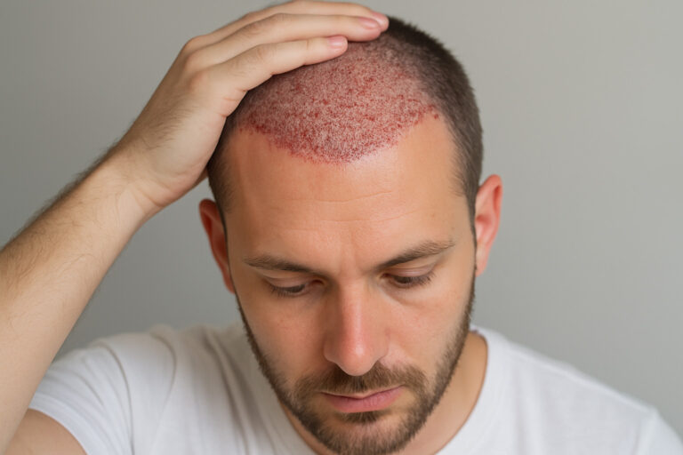 person touching scalp after hair transplant procedure.