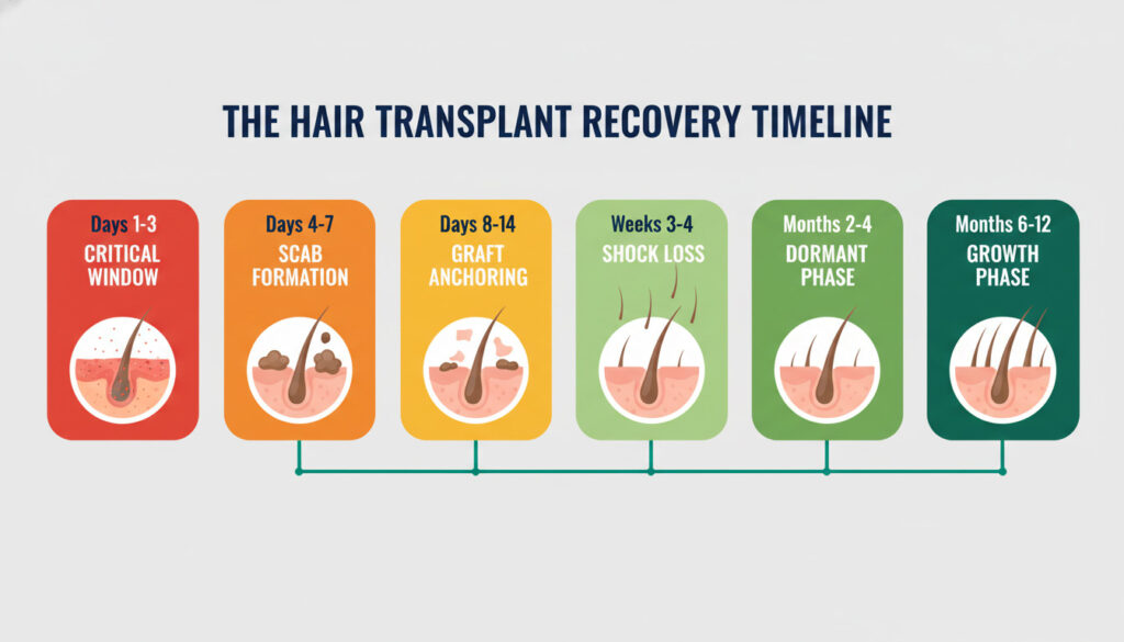 Hair Transplant Aftercare: The Complete Guide To Faster Healing And Better Results 2 hair transplant recovery timeline showing six healing phases from day 1 through month 12